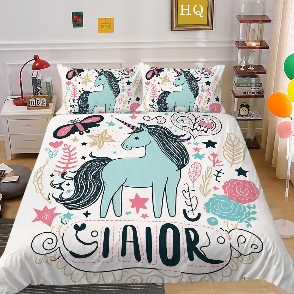 Home Bedding Set Woman 3D Unicorn Cartoon Lovely Home Bedclothes Twin Full Size Polyester Bed Set Cover