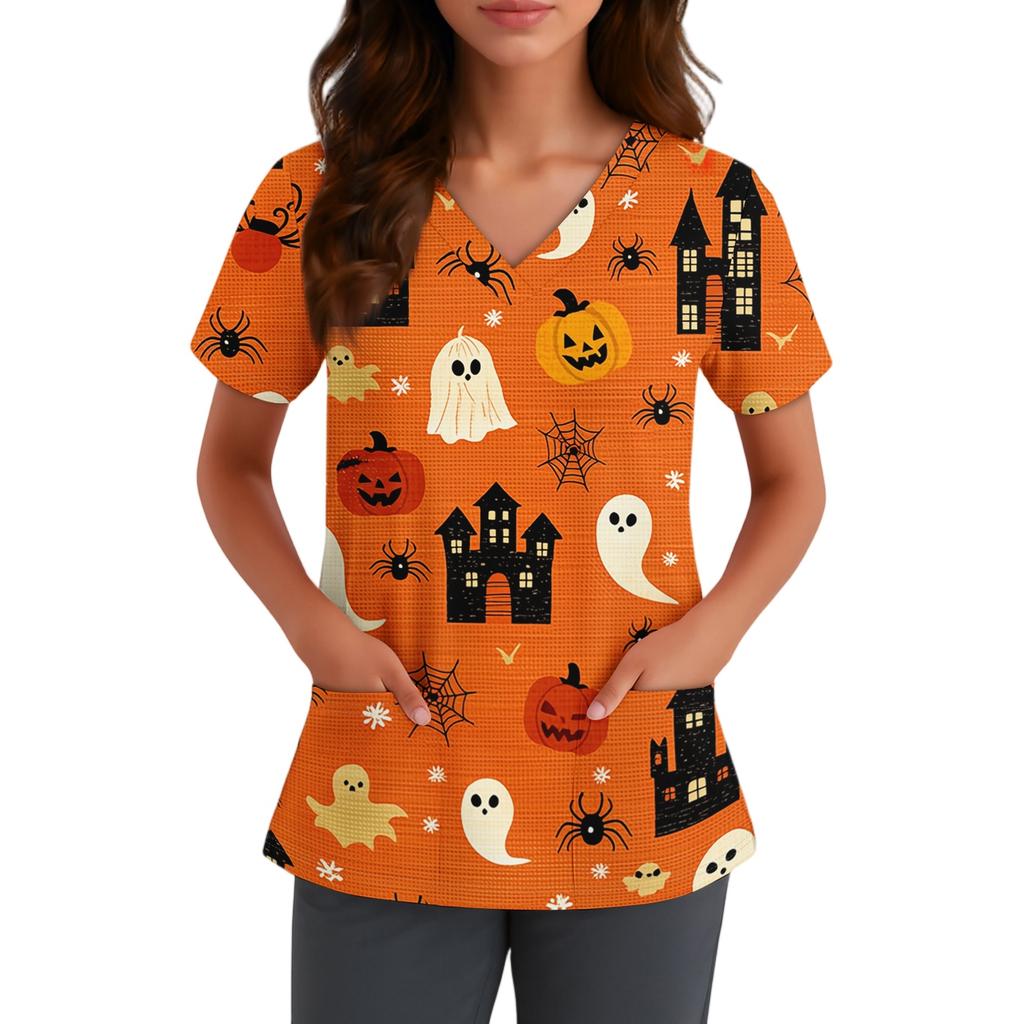 Haut pour femme à col en V et manches courtes avec poches Impression florale d'Halloween Chemise d'uniforme pour infirmière Soins de santé