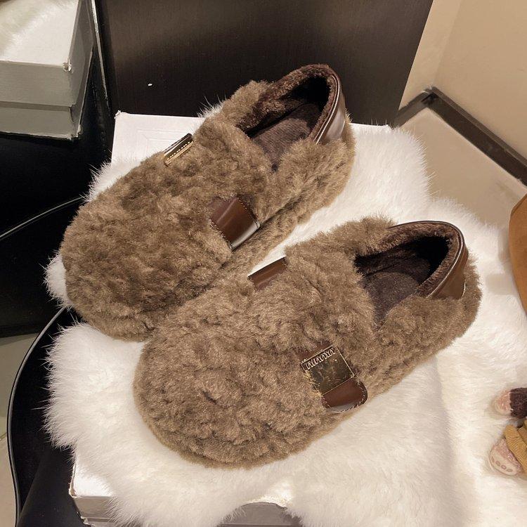 One-pedal wool shoes for women's spring and autumn 2025 new popular lamb wool comfortable and versatile soft-soled velvet thermal cotton shoes