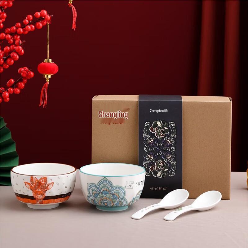 Chinese Style Printed Ceramic Bowl & Spoon Set