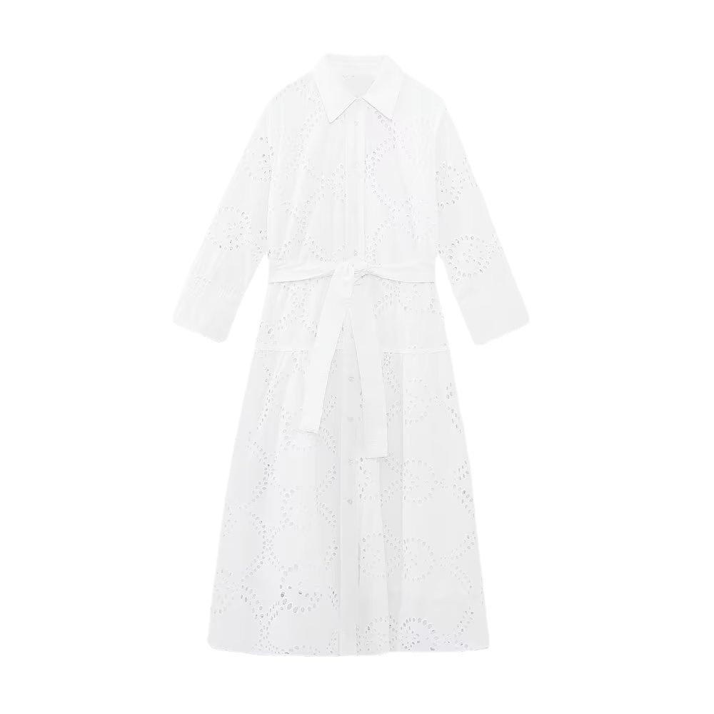 Hollow Out Lace Shirt Midi Party Dress Women Costume With Belt Dance Wear Fashion Dresses Plus Size