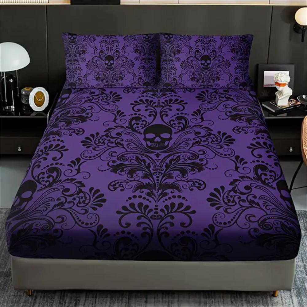 Skull Floral Design 3-Piece Bed Sheet Set - 100% Polyester, Digital Print, Breathable All-Season Fitted Sheet and Pillowcase Set