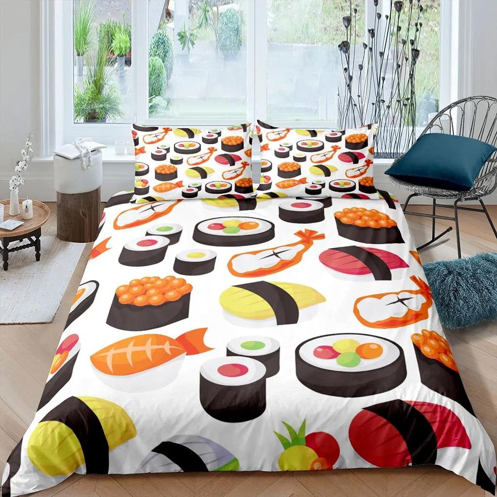 Sushi Comforter Cover,Kawaii Rice Printed Duvet Cover,Cartoon Sushi Food Bedding,Salmon Caviar Sushi Japanese Style Quilt Cover