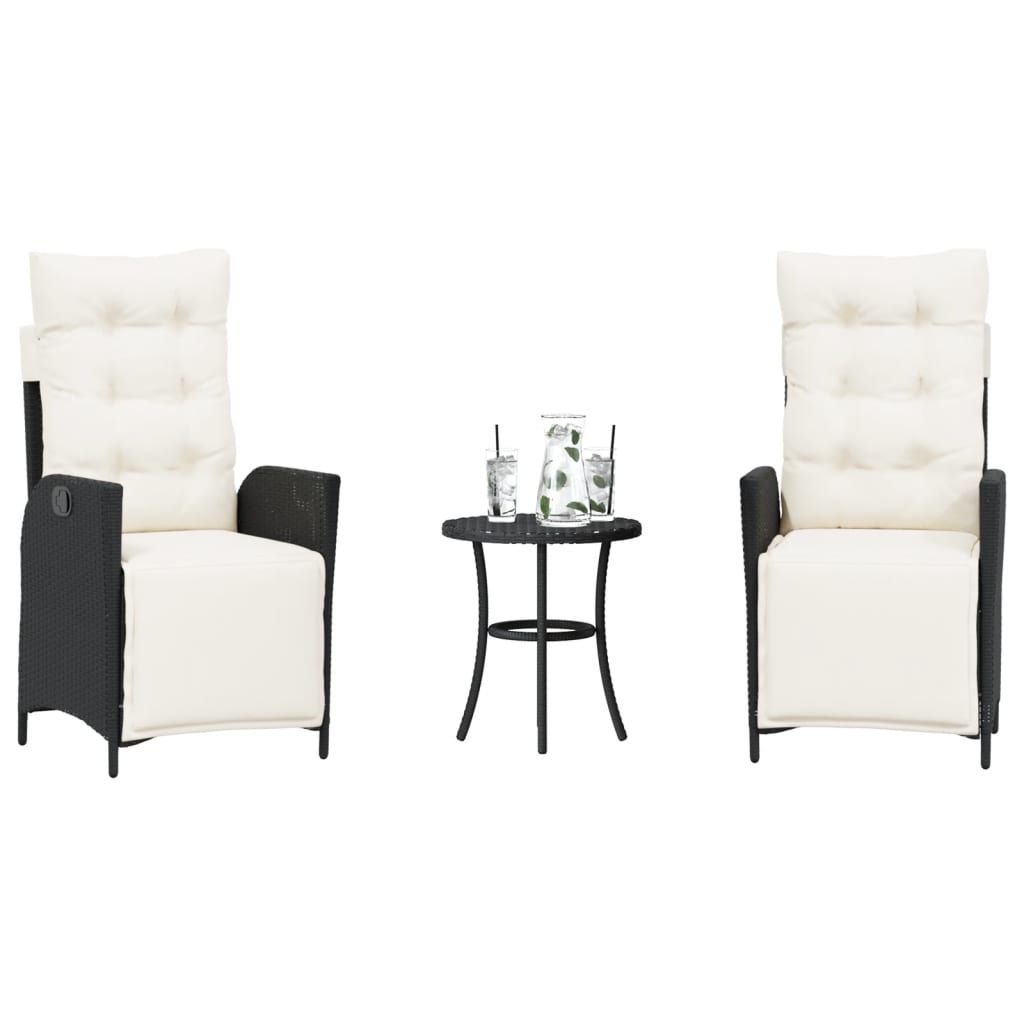 3 Piece Bistro Set with Cushions Black Poly Rattan