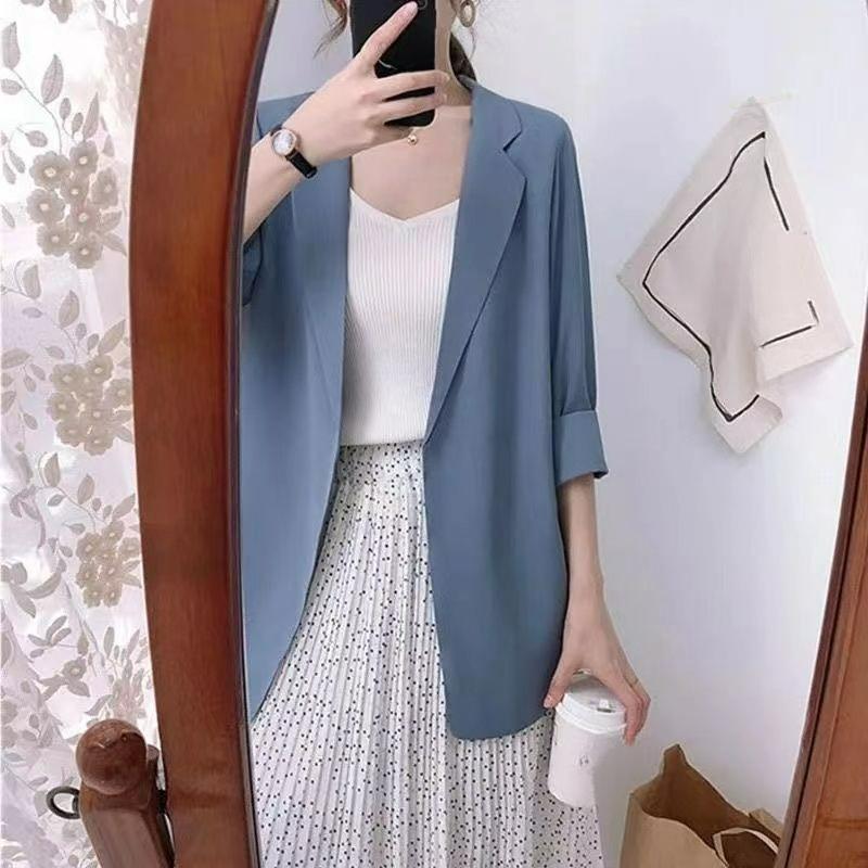 Chiffon Small Suit Women's Spring and Summer Thin Loose Mid-length Suit Jacket Three-quarter Sleeve Cardigan