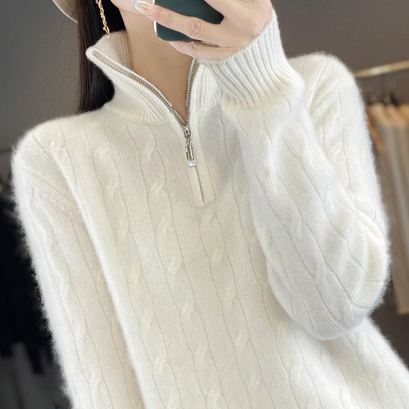 High-Neck Pure Wool Women's Slimming Cable Knit Cashmere Half-Zip Pullover Sweater