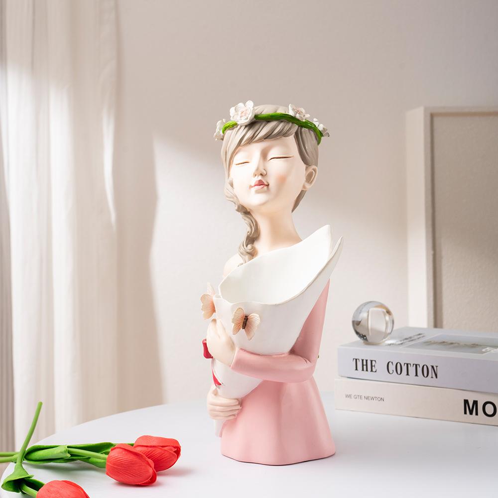 Nordic Girl Flower Arrangement Decorative Vase Ornaments Unique Home Storage Living Room Work Tabletop Resin Crafts