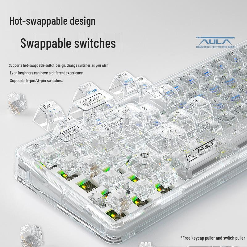 AULA Wolf Spider F68 Transparent Bluetooth Wireless Mechanical Keyboard, Three-Mode, Hot-Swappable Ice Soul Switches