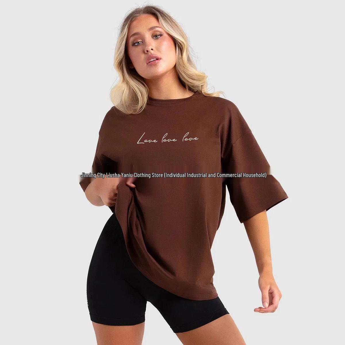 Women s Casual Loose Fit Letter Print Cotton T-Shirt XXL темный кофе