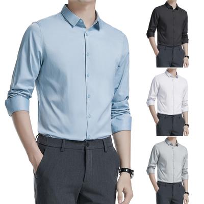 חולצת שמלת אביב סתיו גברים צווארון מטה Slim Fit נמתח שרוולים ארוכים עם חזה חד צבע טהור צבע אמצע אורך רשמי למשרד אירועים עסקיים