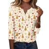 Women's Casual Christmas Print V-Neck Button Three-Quarter Sleeve T-Shirt