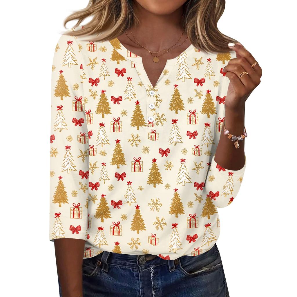 Women's Casual Christmas Print V-Neck Button Three-Quarter Sleeve T-Shirt
