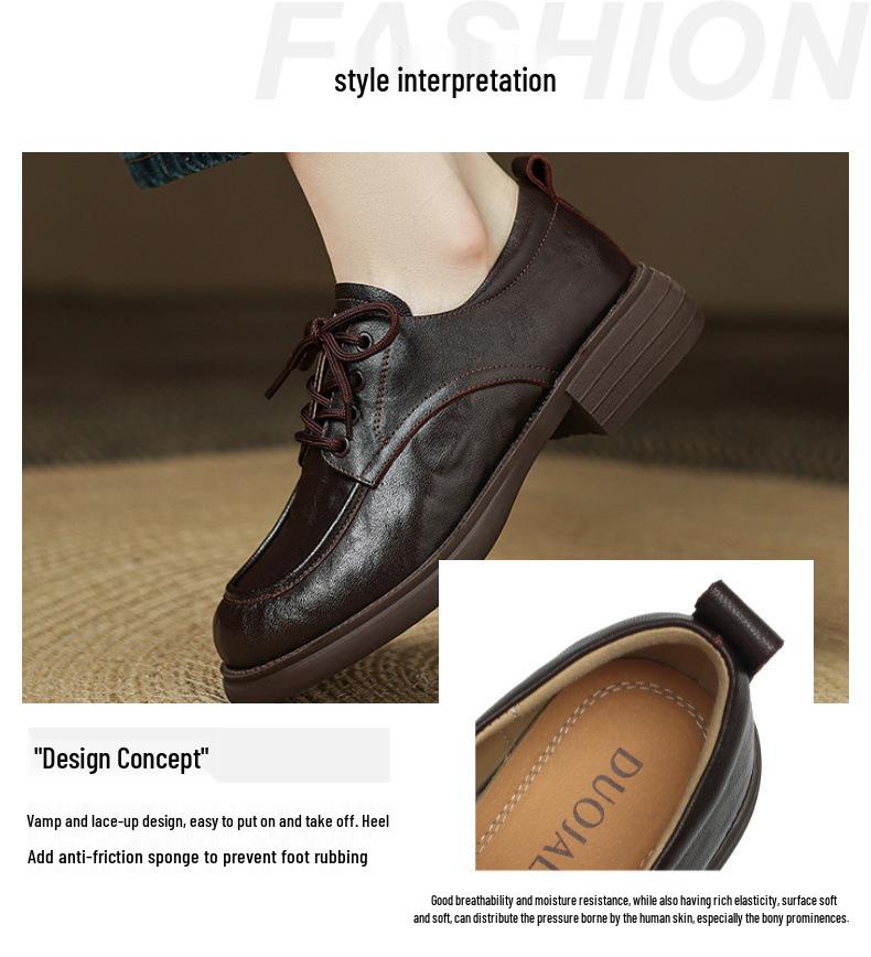 Top Grain Cowhide Women's Round Toe Lace-up Loafers - Autumn 2025 Luxury Hand-Grained Leather Shoes