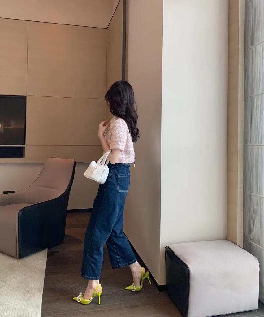 White High Heels Spring and Summer New Pointed Head Thin Heel Rhinestone Bow Bag Head Empty Sandals Women