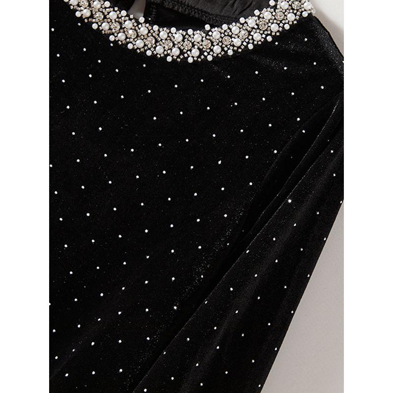 Starry Water Soluble Diamond Tops! Fairy Three-Quarter Sleeve Pearl Collar round Neck Slimming Pleuche T-shirt Thin Coat New