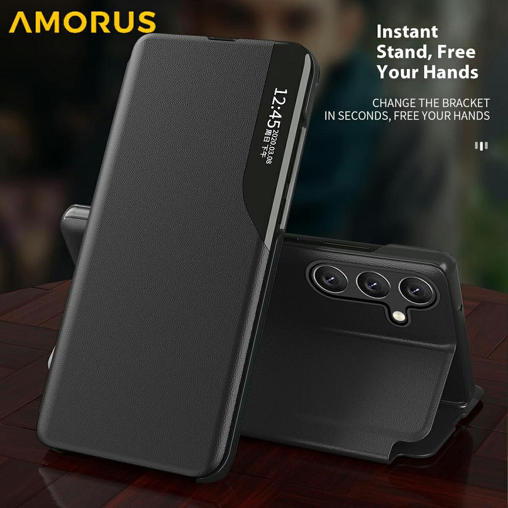 AMORUS For Samsung Galaxy S25 Case View Window Stand PU Leather Phone Cover