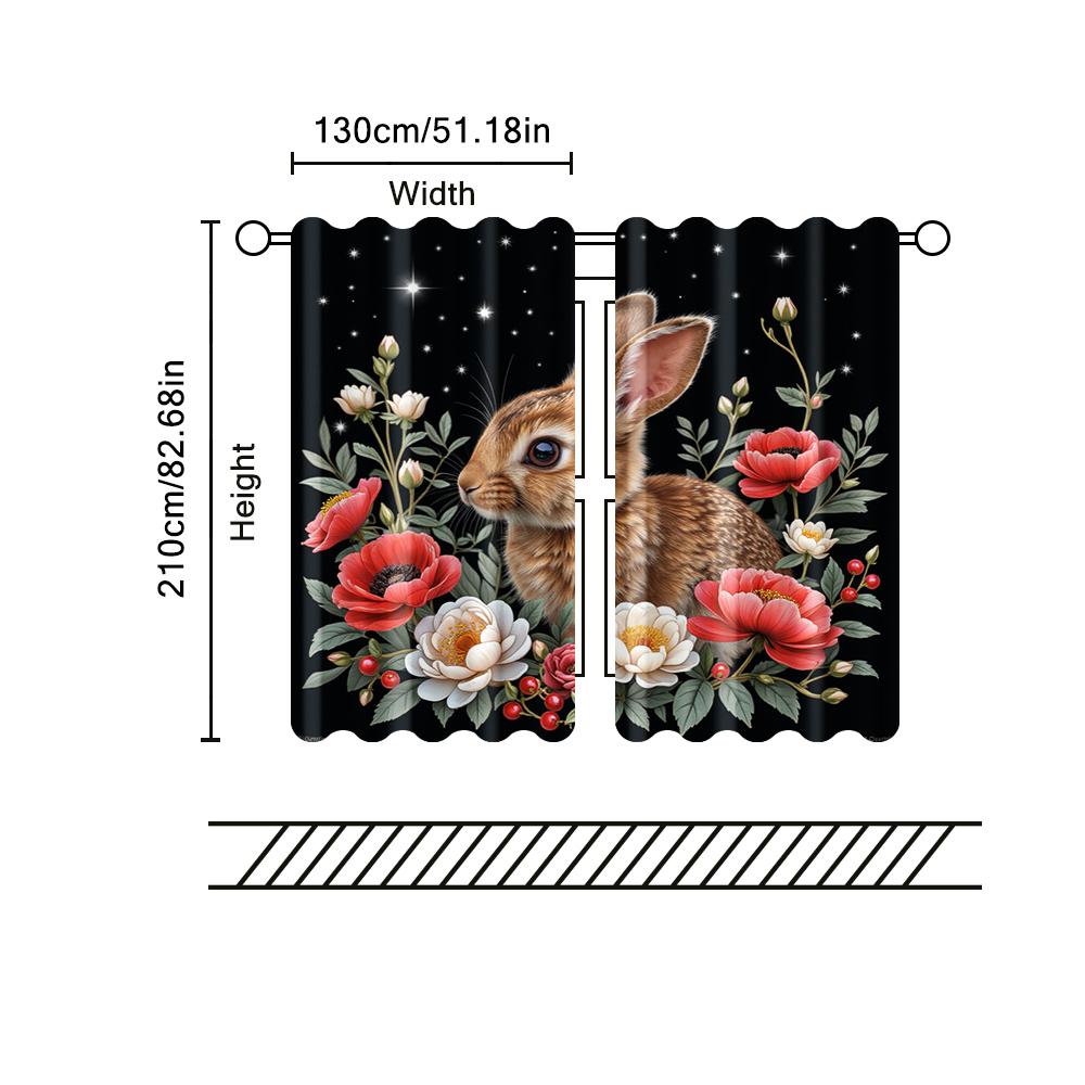 Set Of 2 Filtering Curtains Excluding Rods Non Movable Without Batteries Rabbit Floral Moon Use Bedrooms Vintage Made Polyester Master Bedroom Window