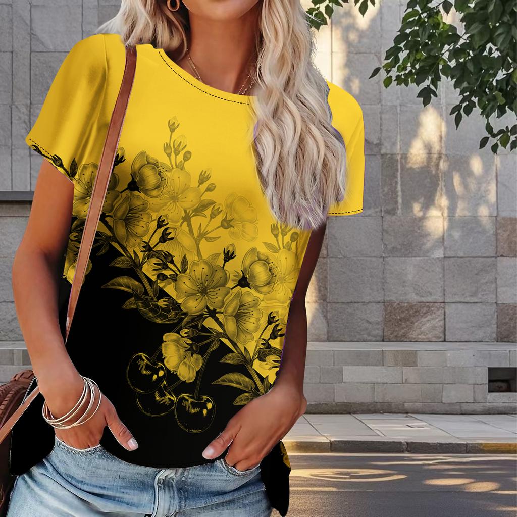Women Summer T Shirt Flower Print Retro Fashion Short Sleeve Tees Casual   Printed  Tops