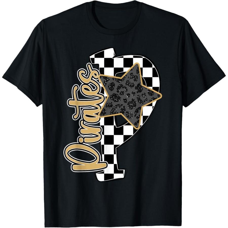 Pirates School Spirit Checkered Print Gold Pirate Pride T-Shirt S
