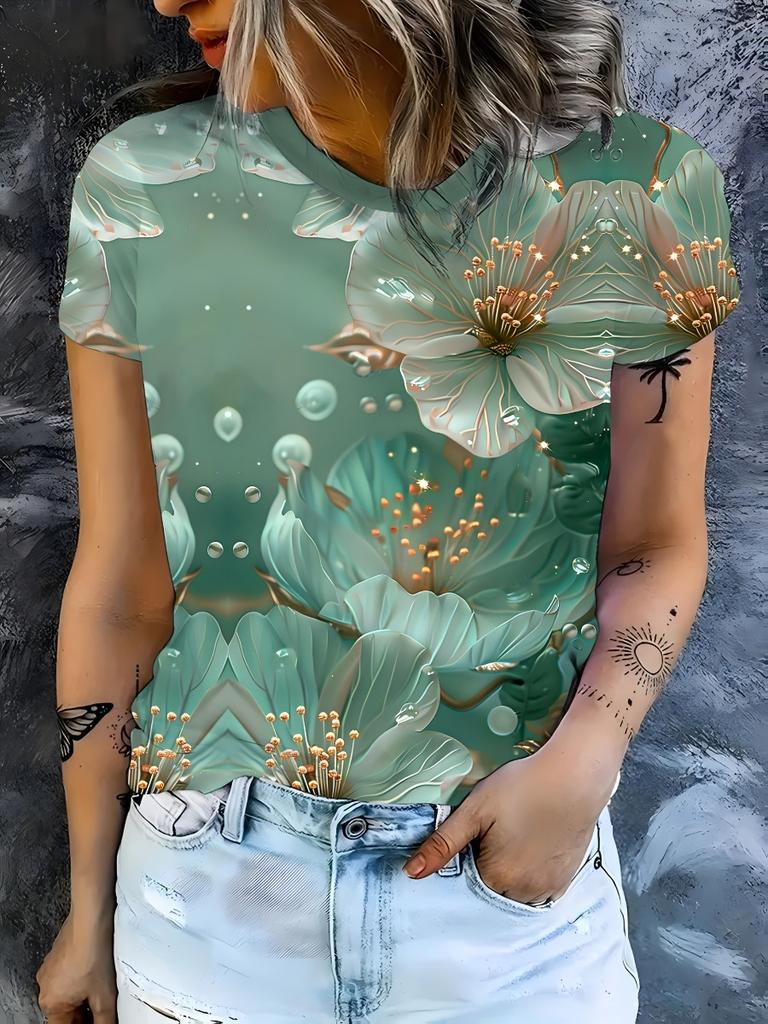 Women's T-shirt Summer Casual Round Neck Short Sleeve 3D Print Floral Pattern Top Loose Casual Wear Ladies T-shirt
