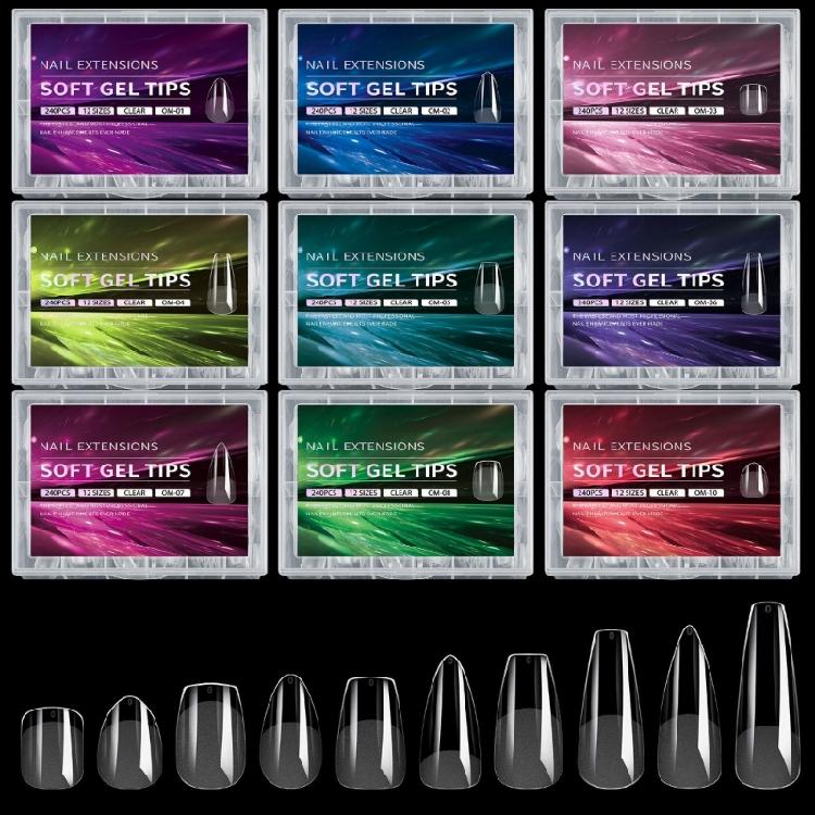 240pcs Almond Nail Tips Full Cover Clear Gel Extensions for Acrylic Nails 12 Size for Manicures with Box