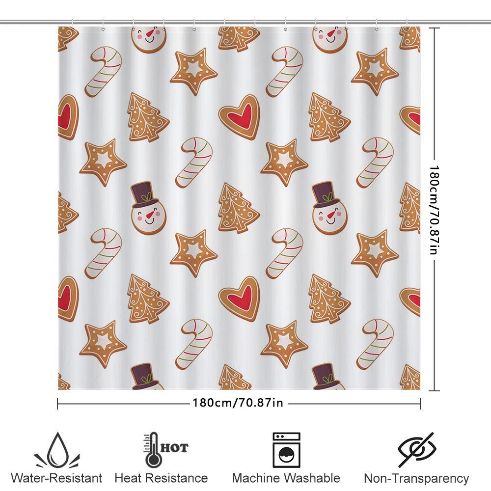 Christmas Shower Curtain, Gingerbread Cookies Pattern Bathroom Decor Set for Holiday Season Home Kitchen Waterproof Fabric with