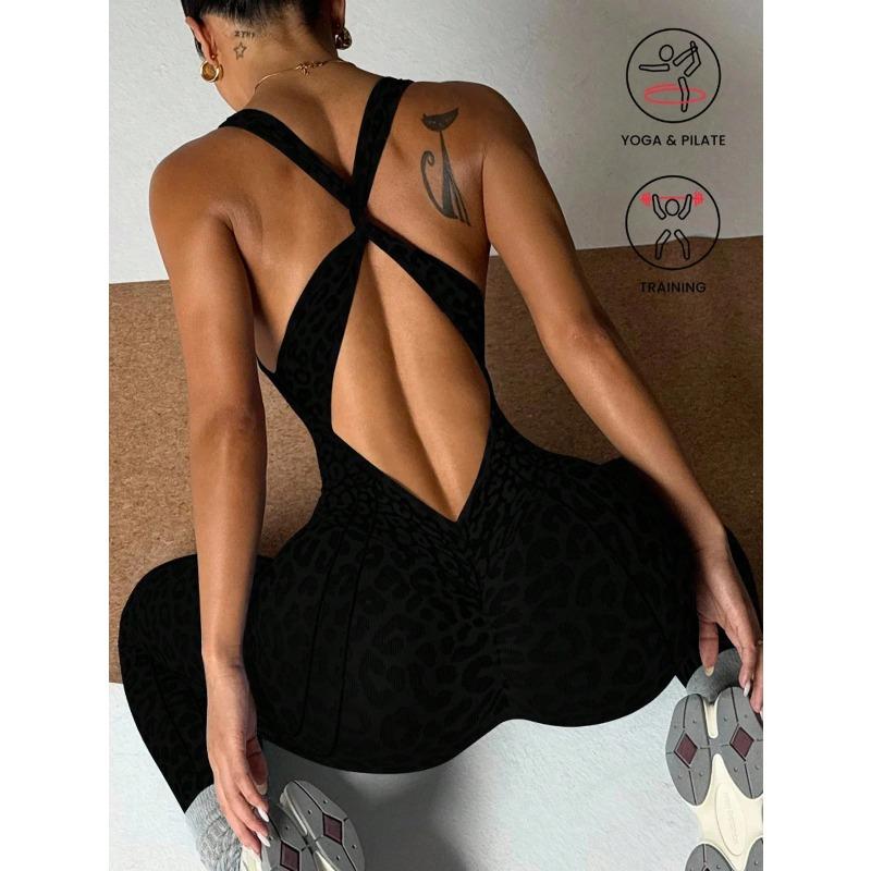 Women Seamless Leopard Print Cross Back Jumpsuit Butt Lifting Yoga Bodysuit High Elastic Workout Fitness Athletic Catsuit