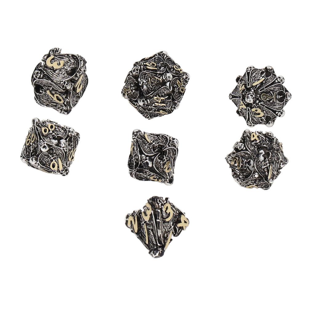 7pcs Hollow Polyhedral Dice Set Holiday Party Skull Pattern Copper Dice Props for Board Card Game