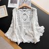 Women Summer Lace Knit T-Shirt O-Neck Hollow Long Sleeve Loose Basic White Top Tee Vest Tops Clothing