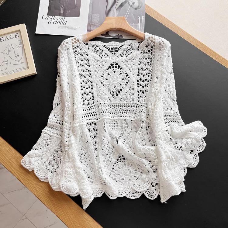 Women Summer Lace Knit T-Shirt O-Neck Hollow Long Sleeve Loose Basic White Top Tee Vest Tops Clothing
