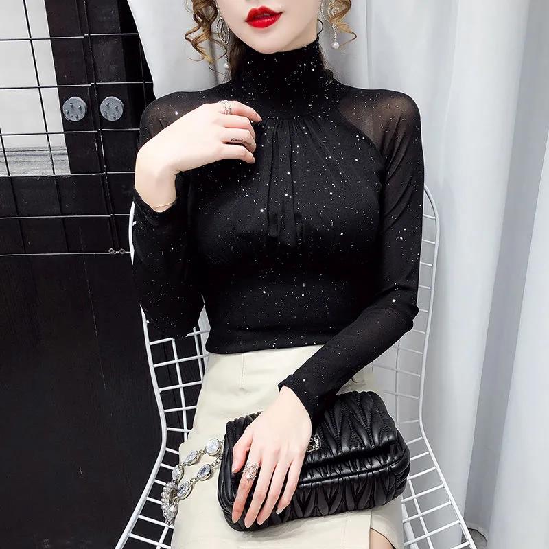 Black Women Half Turtleneck Long Sleeve Pullovers Net Yarn Patchwork See Through Slim Tops
