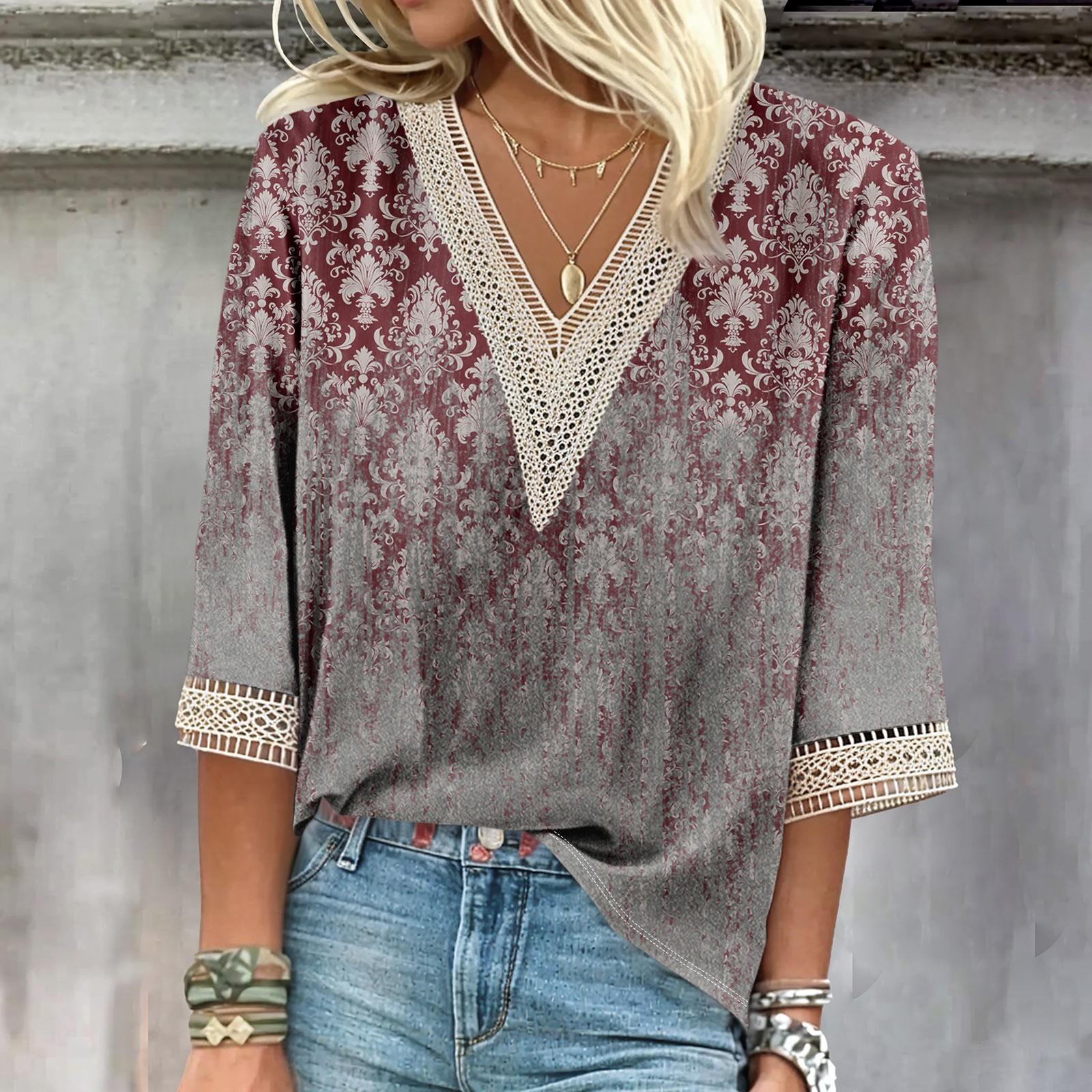 

Женская рубашка, блузка, повседневные свободные рубашки, рукава 3/4, кружевные топы с v-образным вырезом и принтом, топы с принтом, футболки, футболки L