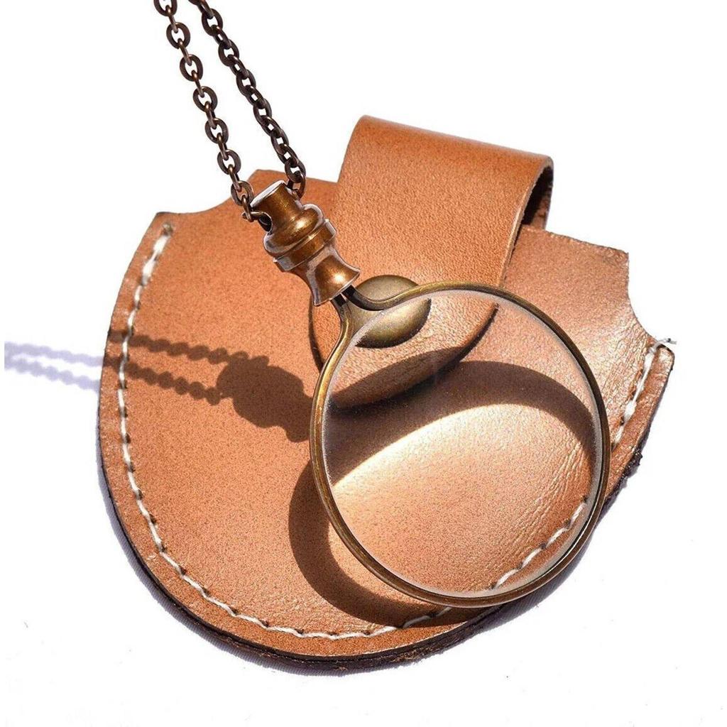 India Brass Necklace magnifier with Chain Magnifying Glass Leather cover 2x magnifier  (Brown)