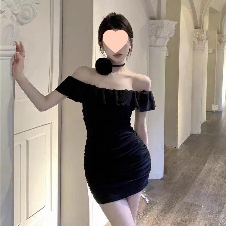 Elegant French One-Shoulder Ruffled Bodycon Dress S