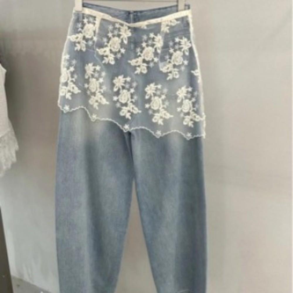 JEANS Decor Lace Fart Curtain Slim Fit Sheer Embroidery Flower Lace Half Skirt Sweet Side Button See Through Apron Skirt Y2K