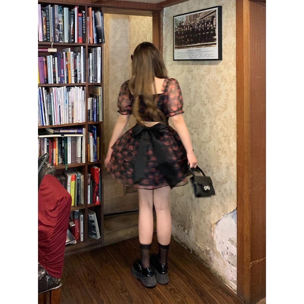 Plus Size Square Neck Short Sleeve Floral Dress for Women Summer Loose Bow Mesh Puff Sleeve Dresses