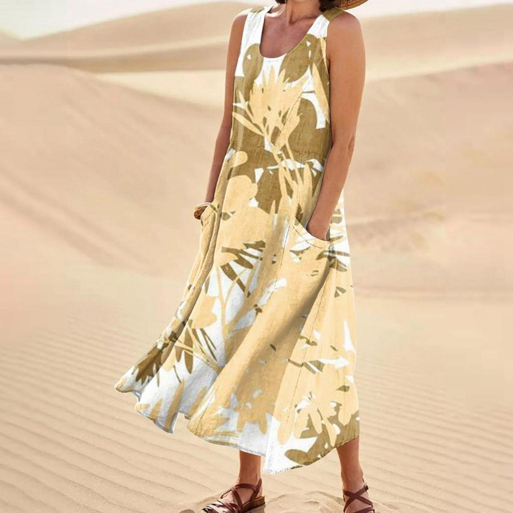 Women's Summer Casual Fashion Easter Printed Sleeveless Round Neck Pocket Dress