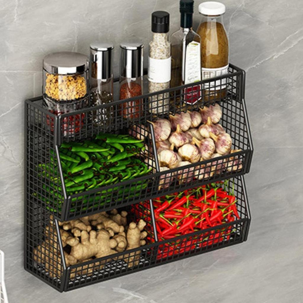 Wall Hanging Storage Basket Kitchen Onion Ginger Garlic Seasoning Spice Shelf Four Grids Drainage Basket for Countertop Organize