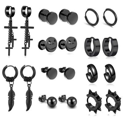 Set of 10 Pairs: Black Men's Earrings — Cross, Leaves, Skull, Round, Ball, Rivet, Cone, Coil & Ear Buckles