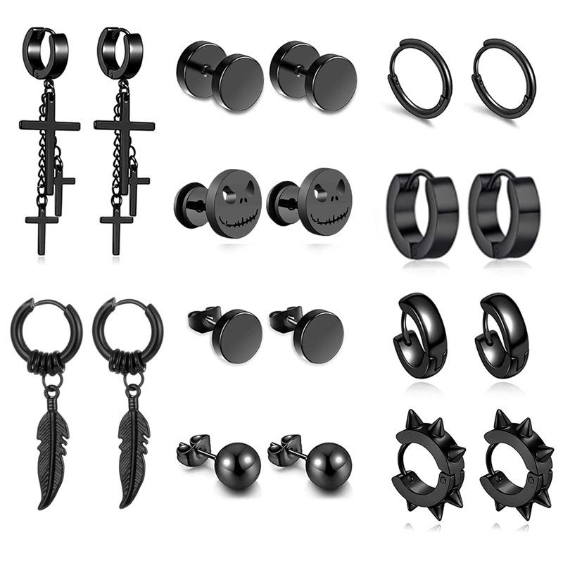 

Set of 10 Pairs: Black Men s Earrings — Cross, Leaves, Skull, Round, Ball, Rivet, Cone, Coil & Ear Buckles