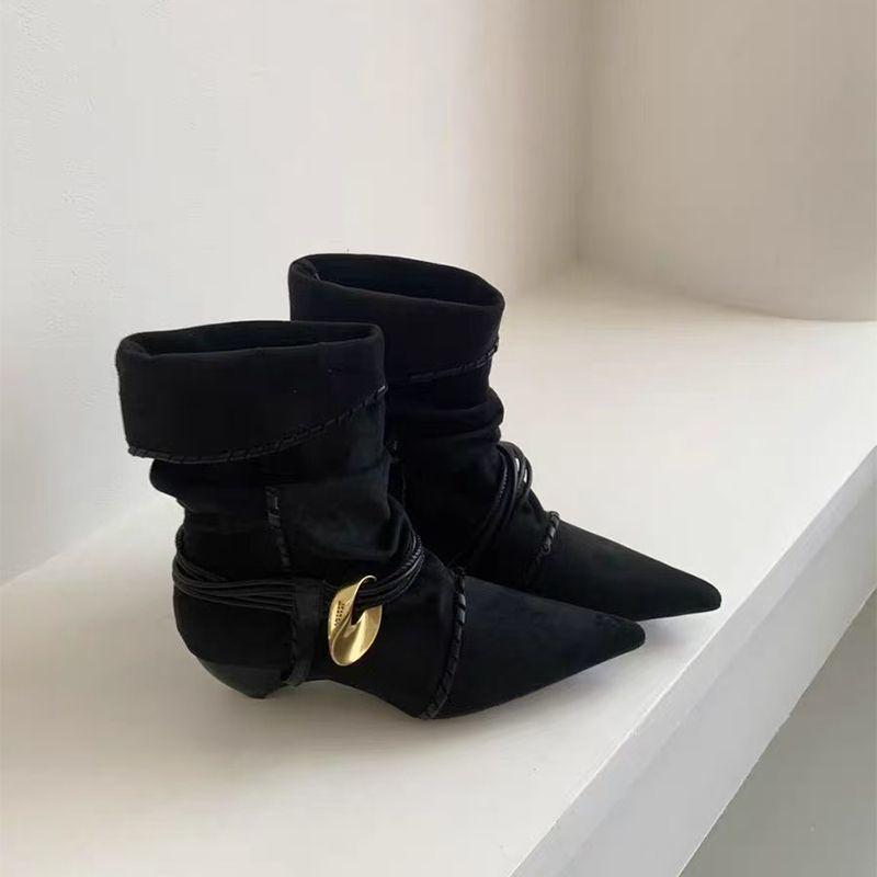 Women's 2025 Retro Suede Kitten Heel Ankle Boots: Pointed, Ruched, Tie Stacked, Versatile Fashion