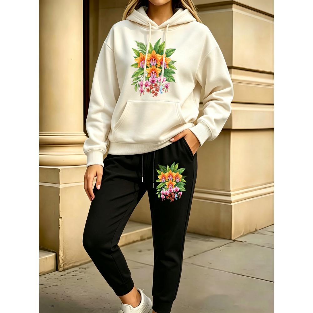 Beautiful Bouquet With Green Leaves Print Y2K Women'S Hoodies Autumn Hoodie Set Casual Jogging