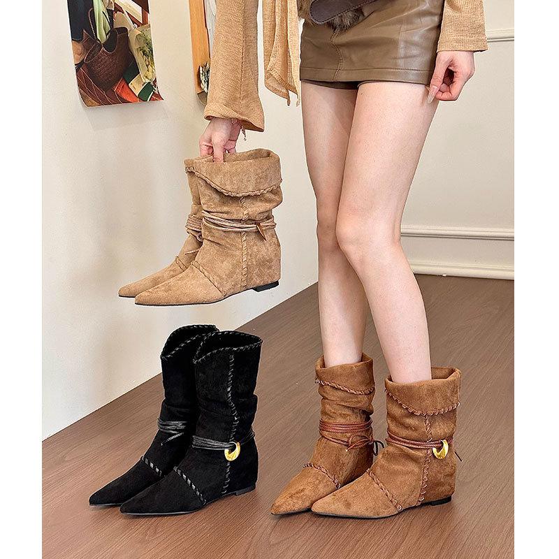 Leather version inner height increase western cowboy boots women's autumn and winter new stacking boots lace up and look thin but knee boots