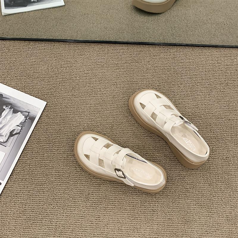 College Wind Small Leather Shoes Female Hollow Breathable Summer Thick -Soled French Niche Single Shoes Roman Sandals Ins Fairy Wind