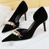 Women 7 Cm 11 Cm Heels Sharp Pointed Pearl Metal Chain Women Pumps Stilettos Suede High Heels Large Size 43 Sexy Kitten Heels