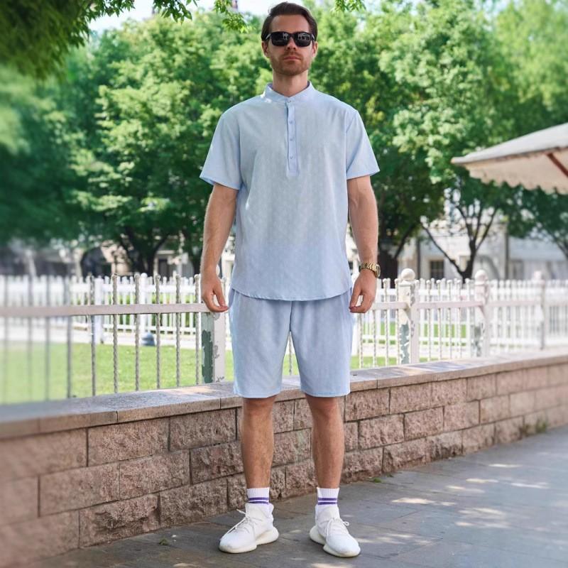 Stand-up Collar Button Short-sleeved T-shirt, Shirt And Shorts Set
