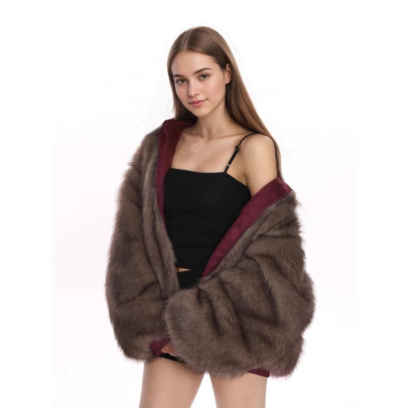 Women's Faux Fur Trimmed Suede Jacket Oversized Wine Red Winter Coat