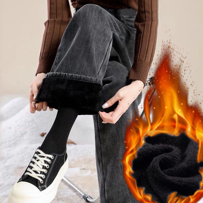 Женские утолщенные джинсы с высокой талией, осенне-зимние теплые широкие флисовые прямые джинсовые брюки S чёрный