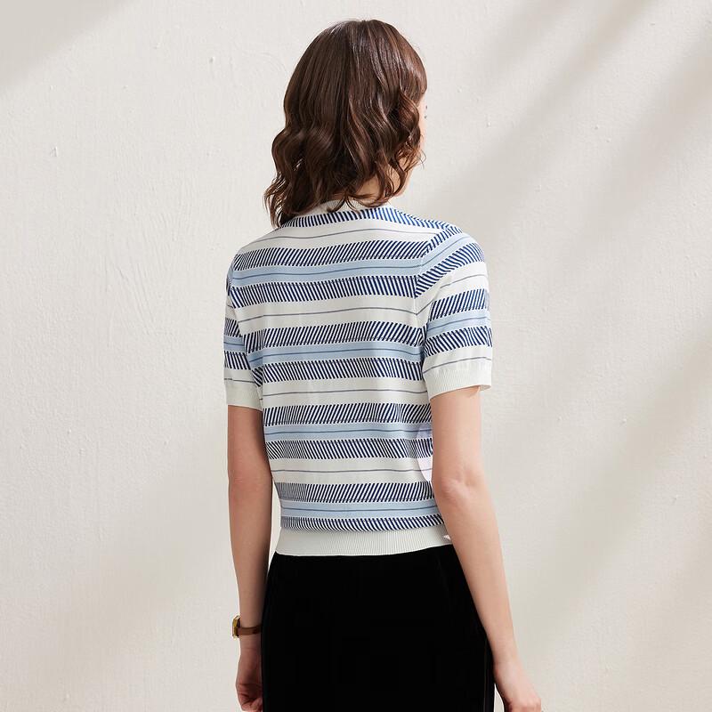Women's Mulberry Silk Blend Striped Short Sleeve Knit Top