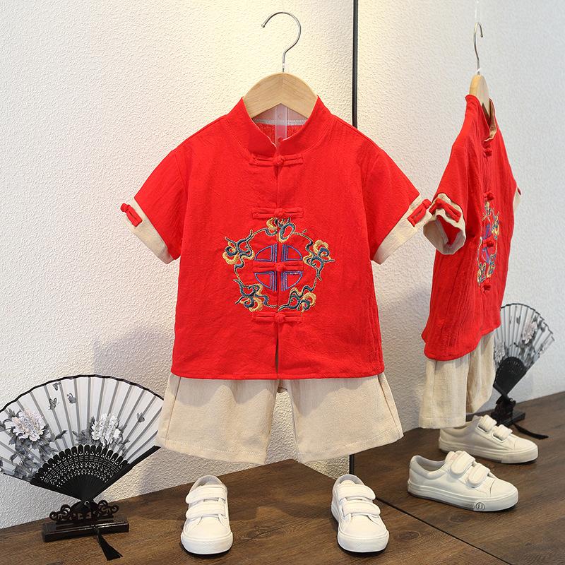 Completo Estivo da Ragazzo a Maniche Corte Stile Cinese per Bambini Hanbok Bello Completo Tang Cotone Lino Sezione Sottile di Abbigliamento Antico